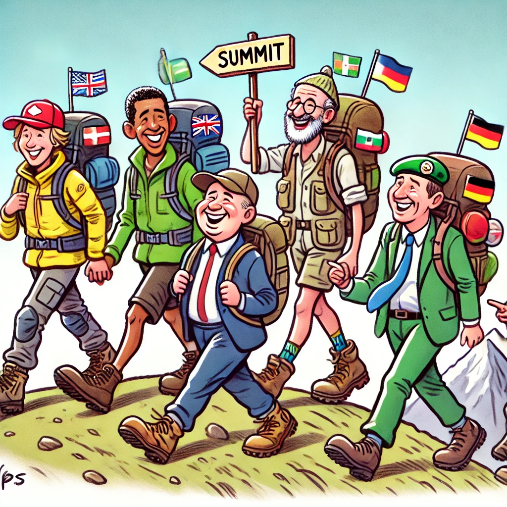 Cartoon of world leaders hiking up a mountain together, smiling and walking side by side with a sign pointing to the "Summit." Flags of different countries are visible on their backpacks.