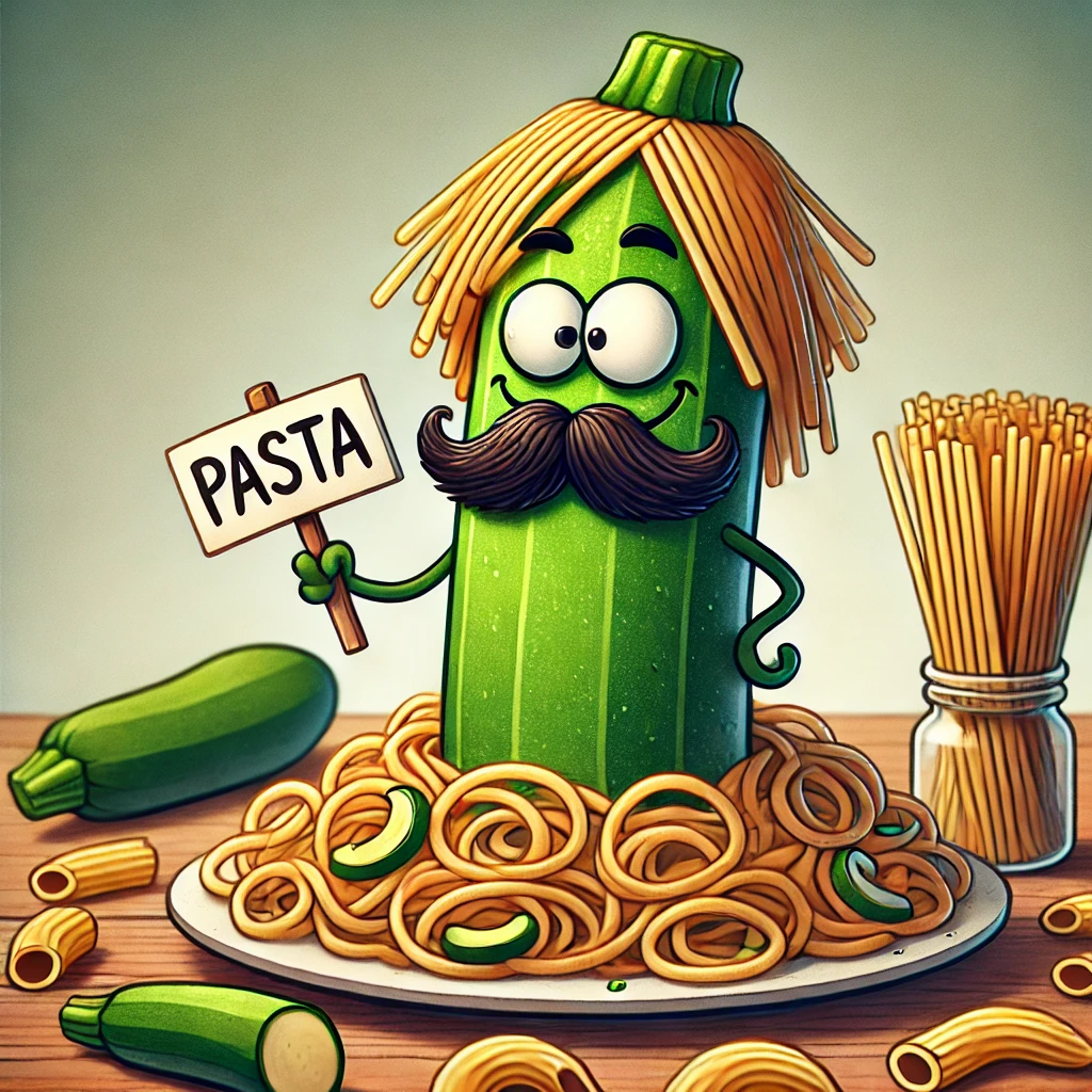 A cartoon zucchini in disguise as spaghetti, wearing a fake mustache and spaghetti wig, holding a sign that says “Pasta” while standing on a plate of real noodles.