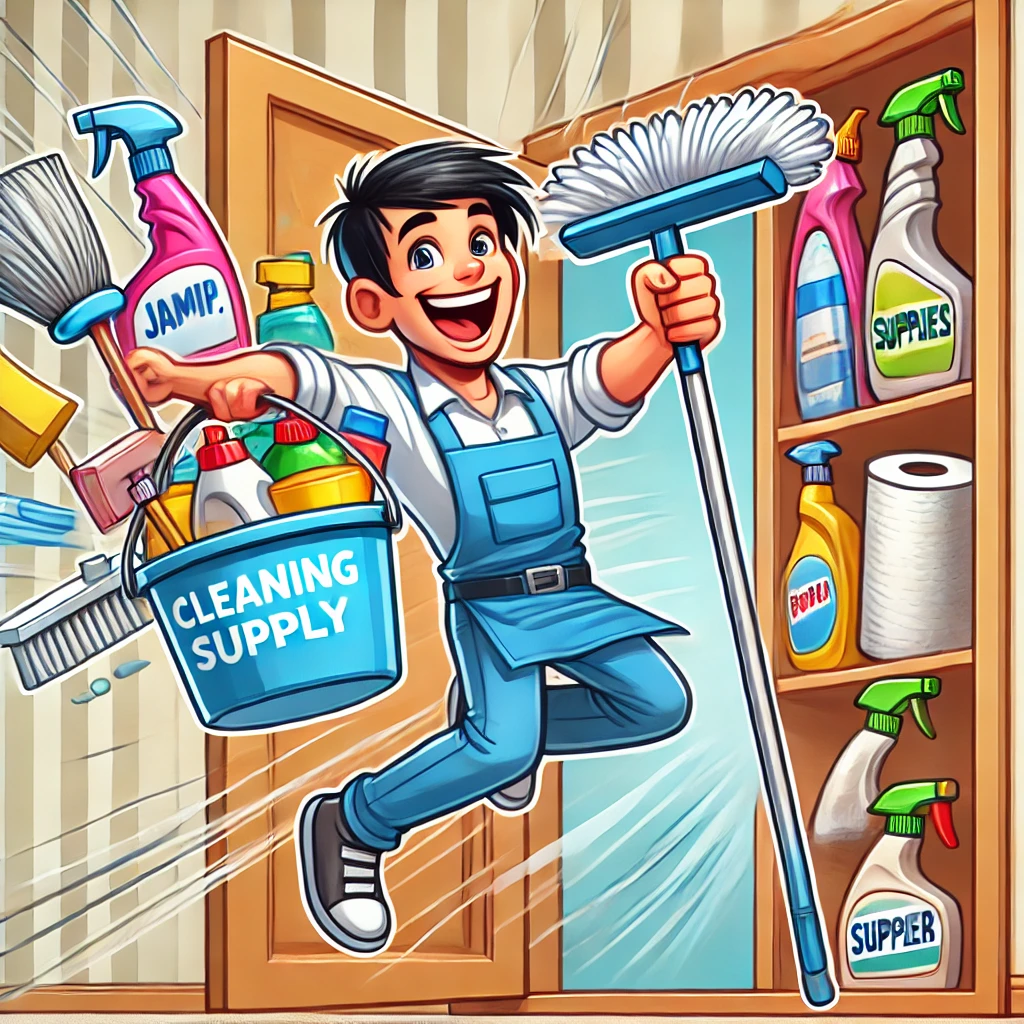 A cheerful janitor jumping out of a supply closet holding a mop and bucket, with cleaning supplies flying out behind him, shouting "Supplies!"