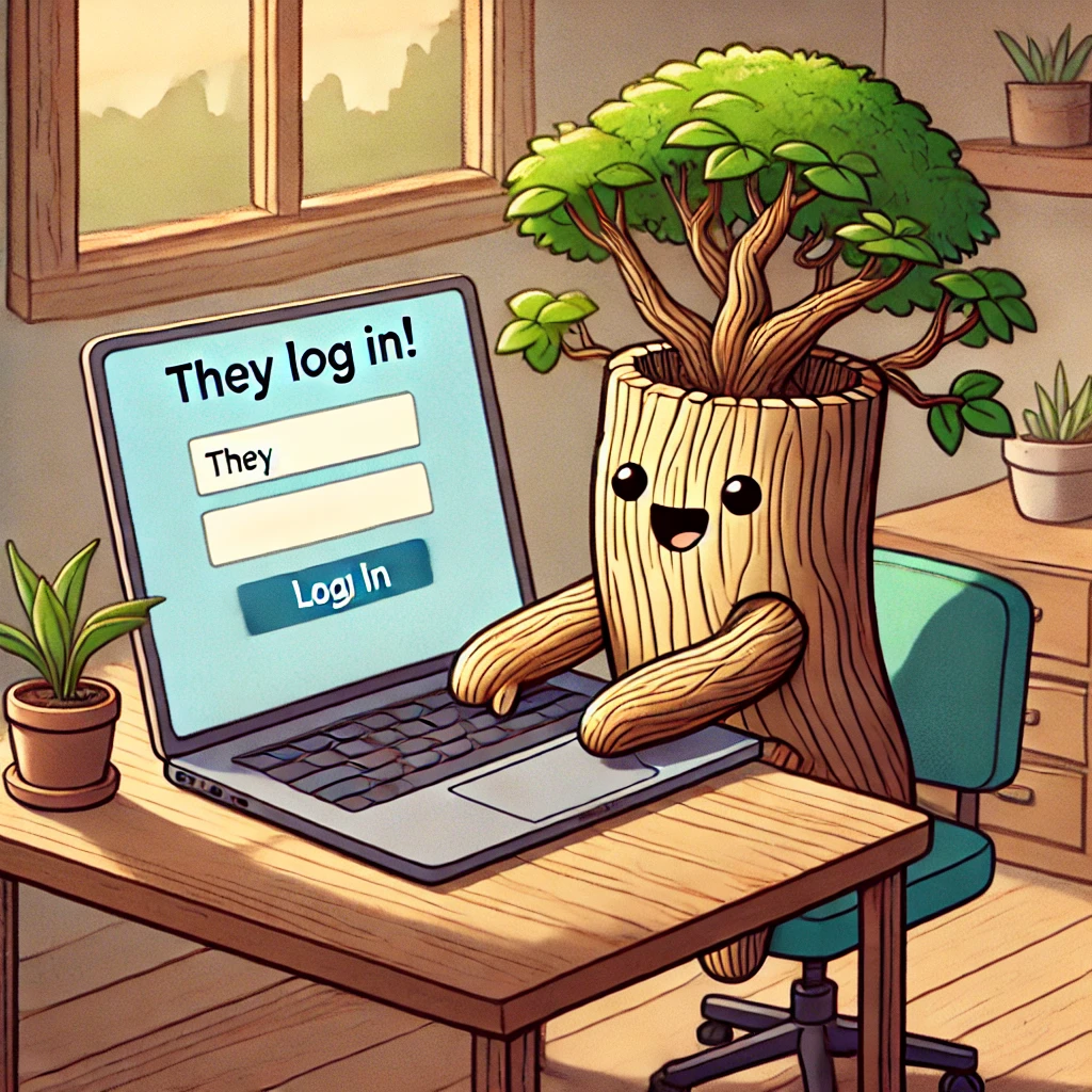 A cartoon bonsai-style treant sitting at a desk, logging into a laptop with a smiling face, surrounded by plants in a cozy room.