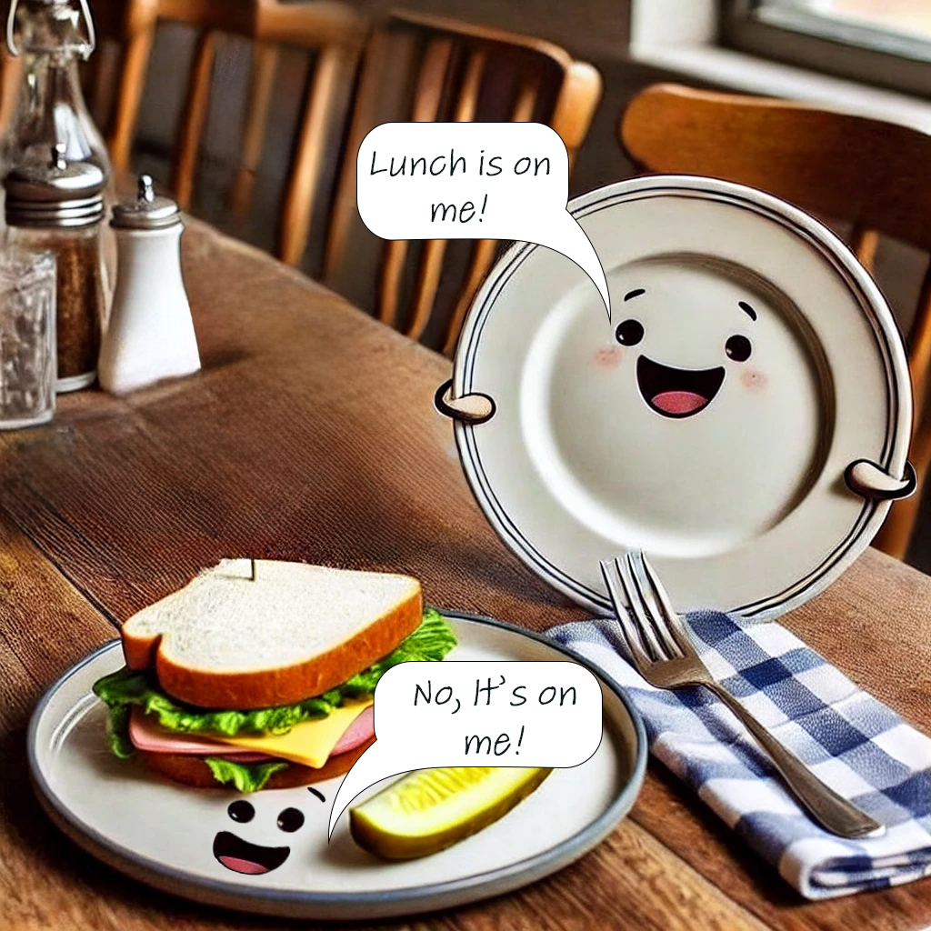 A cartoon image of a happy plate saying "Lunch is on me!" while a sandwich on another plate replies, "No, it’s on me!" in a cozy restaurant setting.