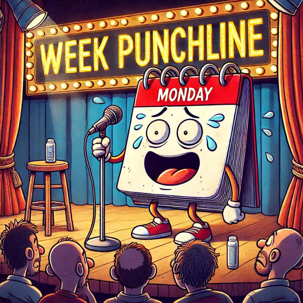 A cartoon image of a Monday-themed comedian struggling with a weak punchline, illustrating the pun "week punchline."