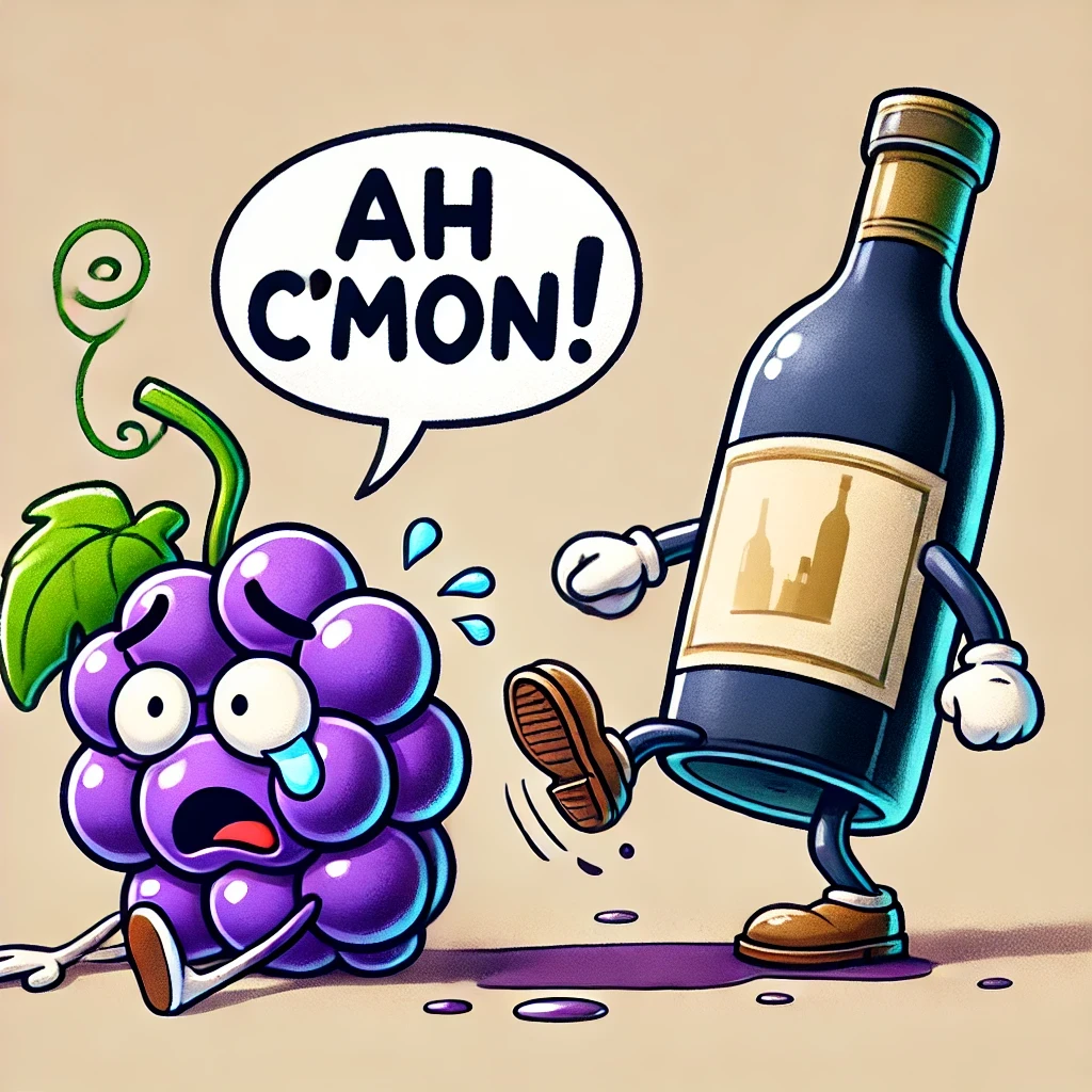 A cartoon grape lying on the ground with a speech bubble saying, "Ah c'mon!" as an anthropomorphized wine bottle is about to step on it, tying into the pun about letting out a little "wine."