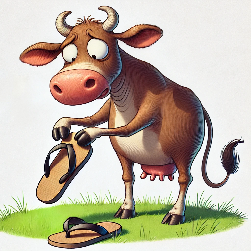 A cartoon cow happily trotting on its hooves, with a playful expression, showing off the pun "lactose."