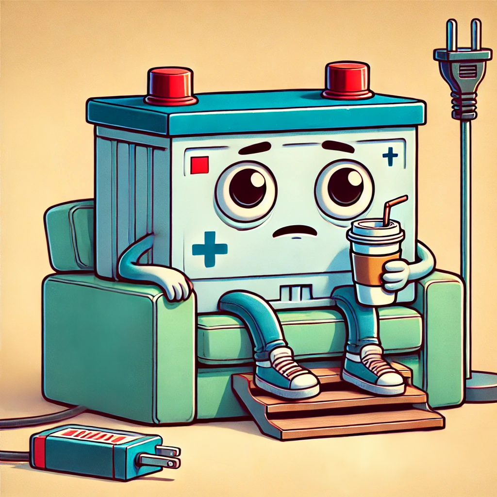 A cartoon truck battery with a tired expression, sitting on a couch with droopy eyes and a cup of coffee, surrounded by out-of-reach chargers to emphasize its "drained" feeling.