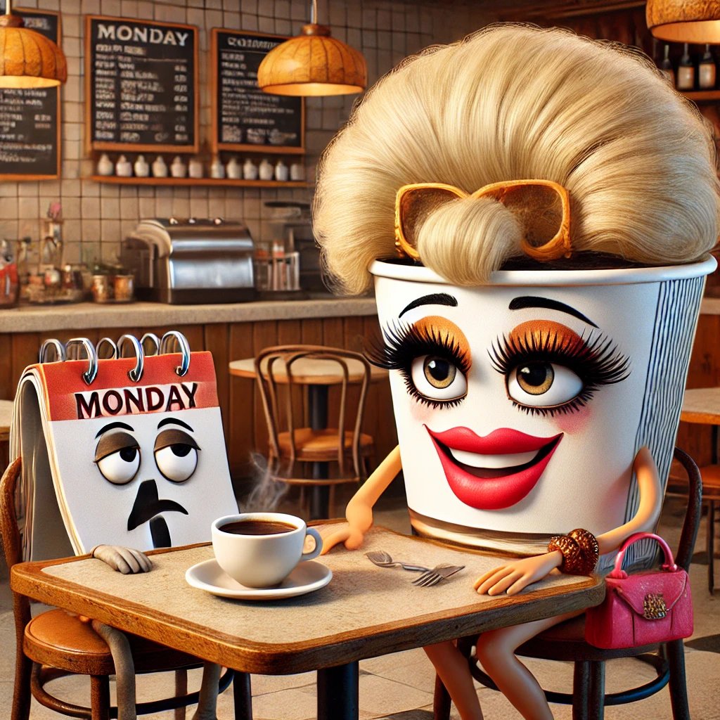 A cartoon coffee cup with a blonde bouffant wig, makeup, and eyelashes sitting at a coffee shop table with a tired Monday morning calendar, humorously capturing the need for a "brew-tiful" coffee.