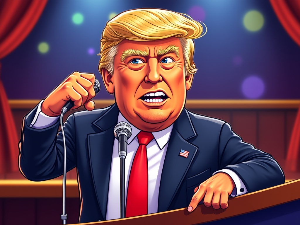 A cartoon of Donald Trump holding a microphone, delivering a joke on stage after losing an election, tying into the "cracking votes" pun.