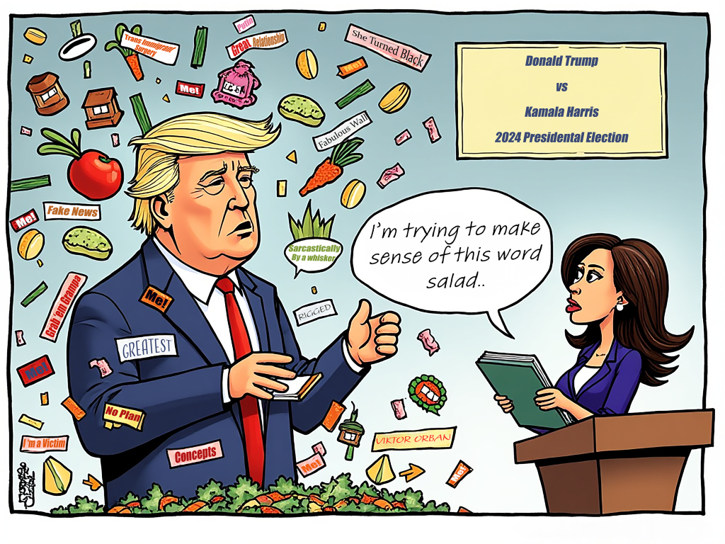 Cartoon image of Donald Trump surrounded by a chaotic word salad, while Kamala Harris holds a recipe book and tries to make sense of it.