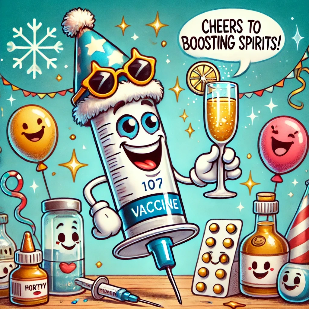 A cartoon vaccine syringe with a party hat and sunglasses, holding a drink, surrounded by festive balloons and streamers, with the speech bubble saying “Cheers to boosting spirits!”