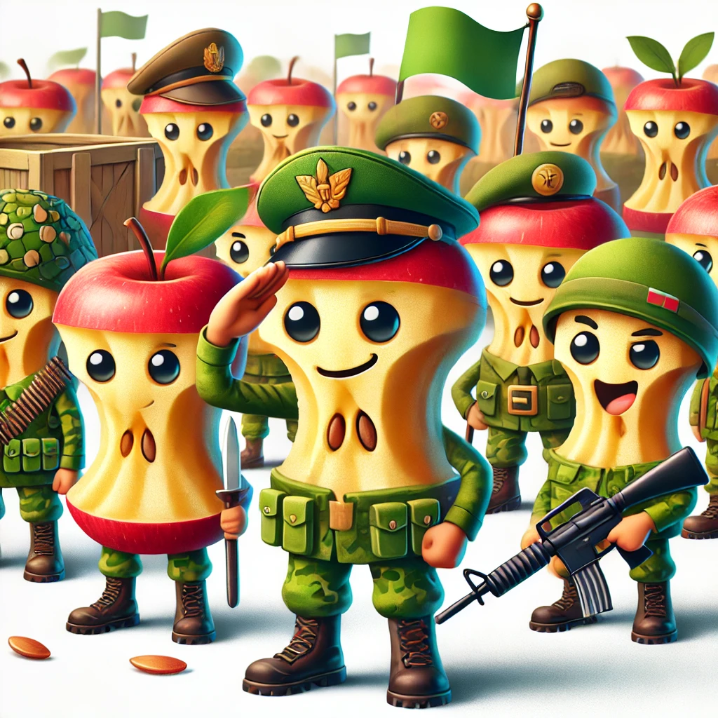 A cartoon image of anthropomorphized apple cores dressed as soldiers, saluting and ready for duty, capturing the humor of "Apple Corps."