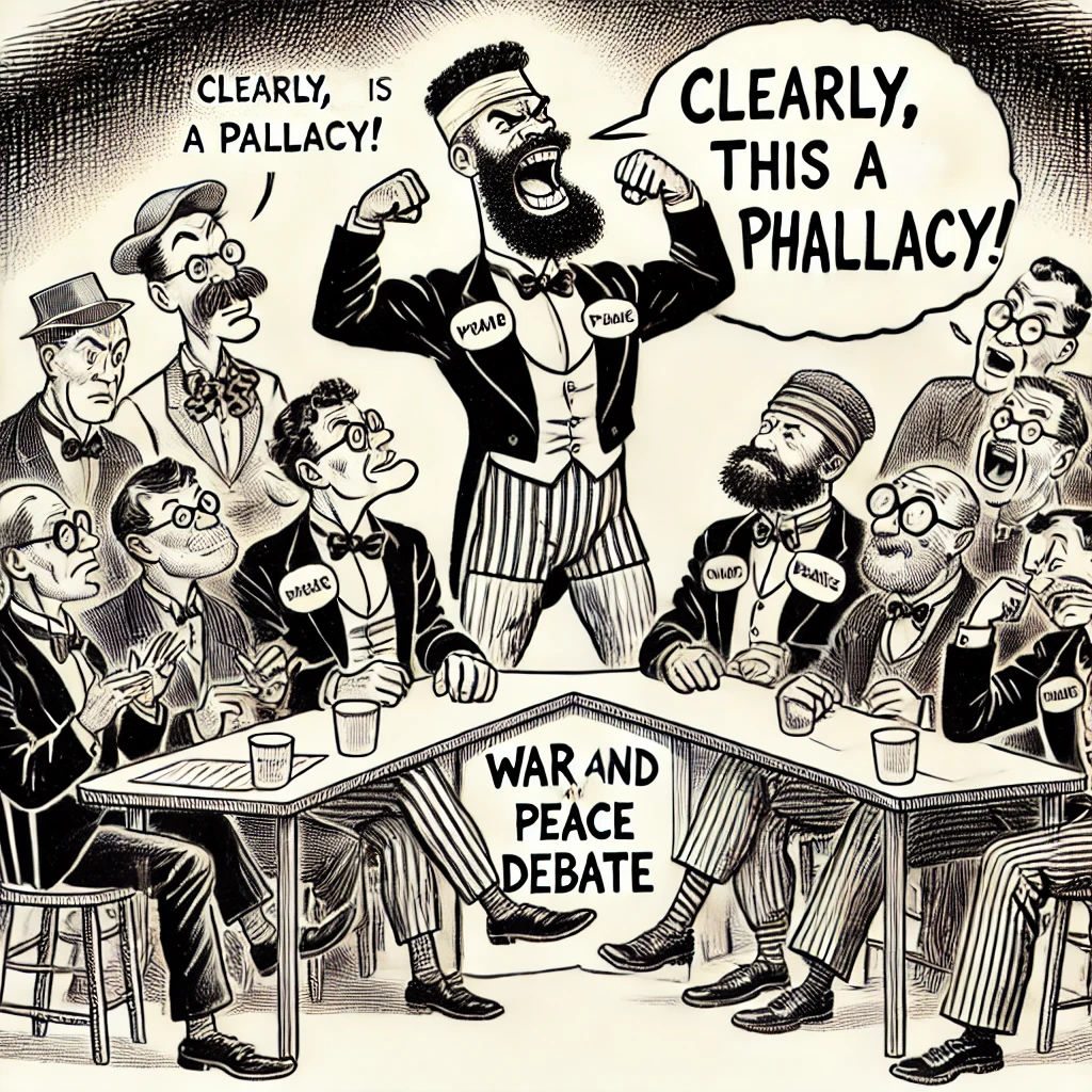 A humorous cartoon of male figures aggressively debating at a "War and Peace Debate" table, with a character stating, “Clearly, this is a phallacy!”