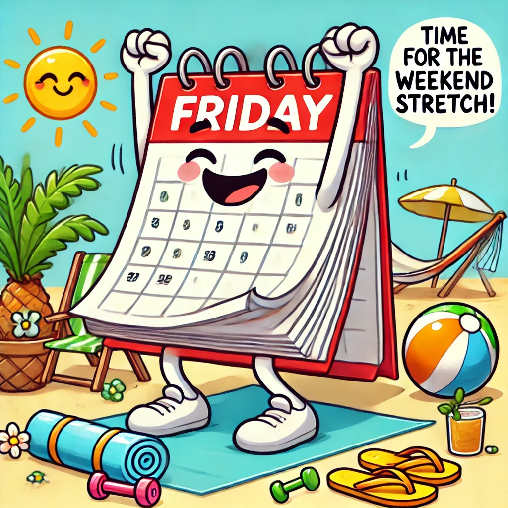 A cartoon Friday calendar page doing a big stretch, surrounded by beach-themed elements like a beach ball, flip-flops, and hammock, with a speech bubble saying “Time for the weekend stretch!”