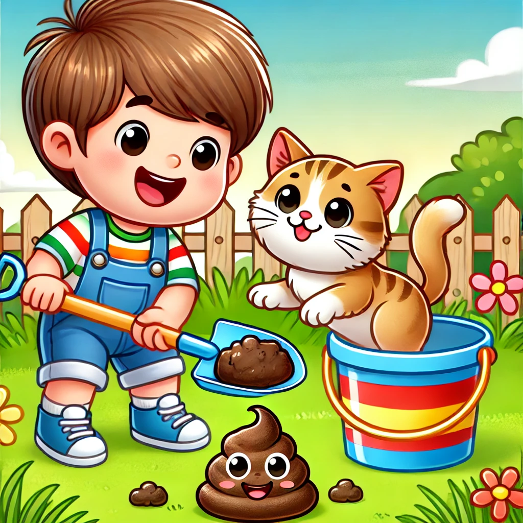 A cartoon of a young boy with a plastic shovel and bucket, smiling as he approaches a cute poop emoji pile, showcasing a playful can-doo-doo attitude.

