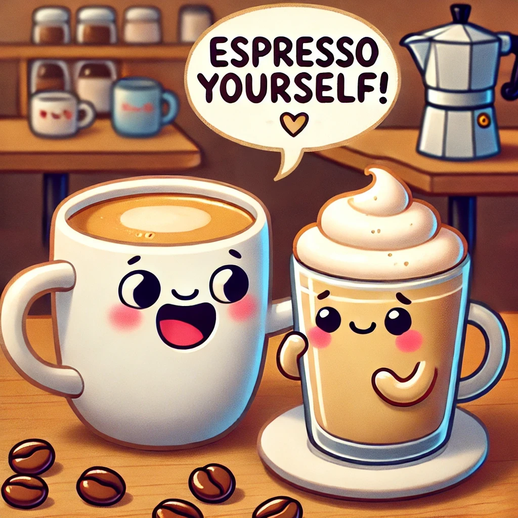 A cartoon coffee mug with a smile, leaning toward a shy latte in a cozy coffee shop setting, saying, “Espresso yourself!”