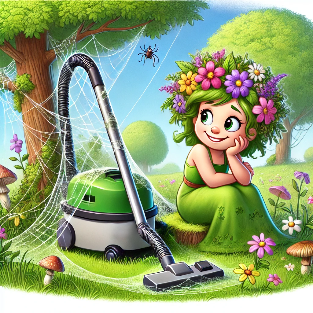 A cartoon scene of Mother Nature in a meadow, with a vacuum cleaner propped against a tree, covered in spiderwebs, to reflect the pun about nature “abhorring” a vacuum.