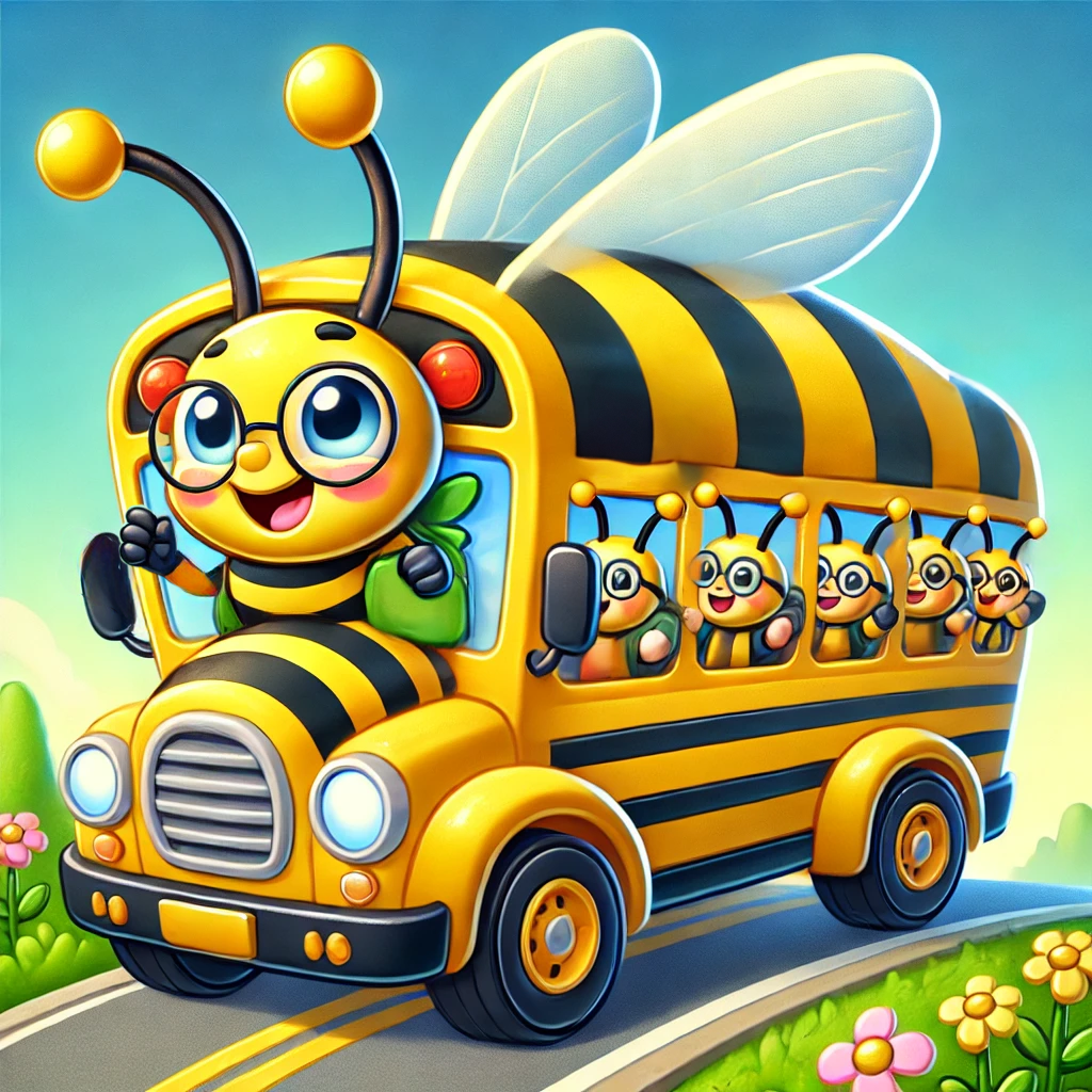 A buzzing yellow school bus designed like a bee, filled with smiling bees waving and heading to school.