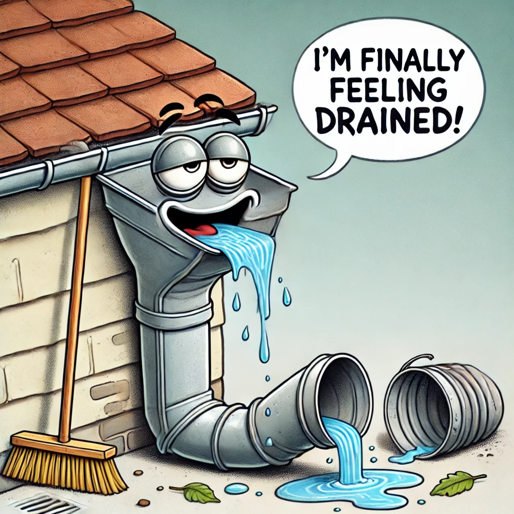 A cartoon of a happy, anthropomorphized gutter, smiling and saying, “I’m finally feeling drained!” after being cleaned.