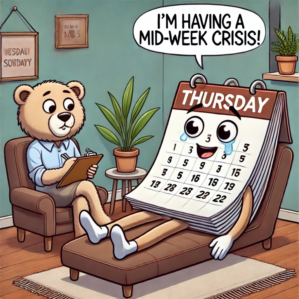 A cartoon of a stressed Thursday calendar page lying on a therapy couch, saying “I’m having a mid-week crisis!” with a calm therapist.