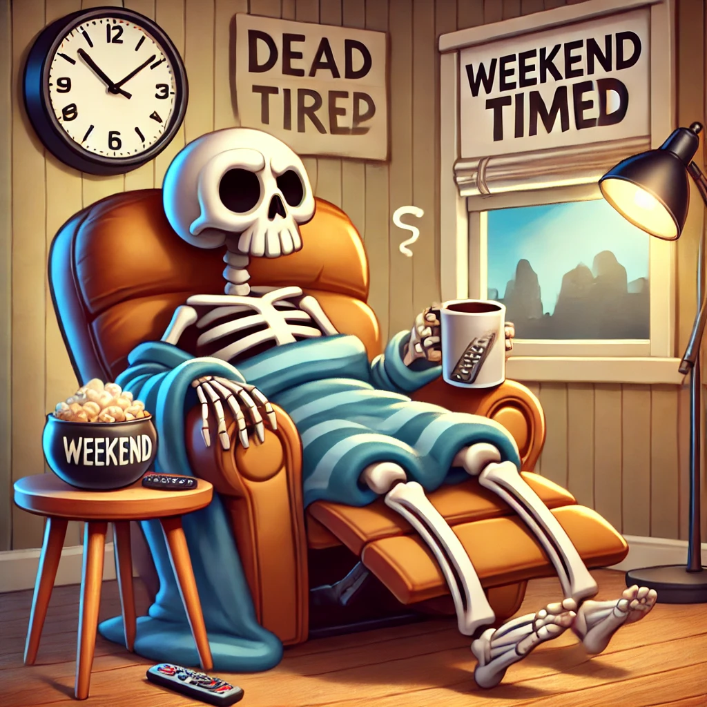 A cartoon of a skeleton lounging in a recliner with a blanket, coffee, and a TV remote, enjoying a cozy weekend.