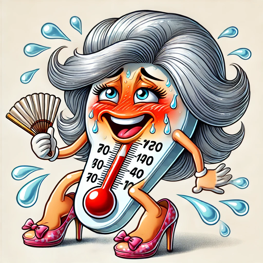 A cartoon thermometer with a gray bouffant hairstyle, fanning itself during a hot flash with a flushed, sweaty face.