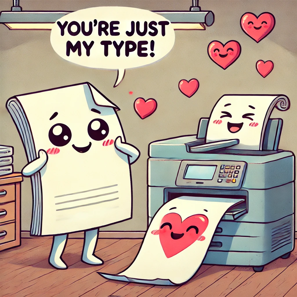 A cartoon of a smiling paper admiring a printer, saying, “You’re just my type!” as the printer prints a heart.