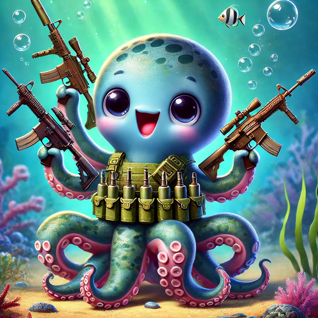 A playful cartoon octopus with all its arms flexed, ready for action.