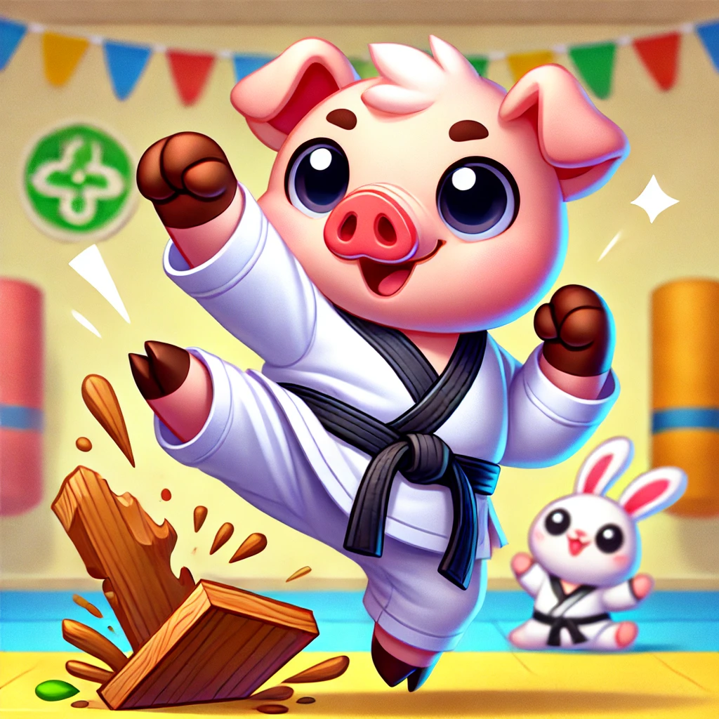 A super cute cartoon pig in a karate gi mid-chop, with a wooden board broken in half and a cheering bunny in the background.