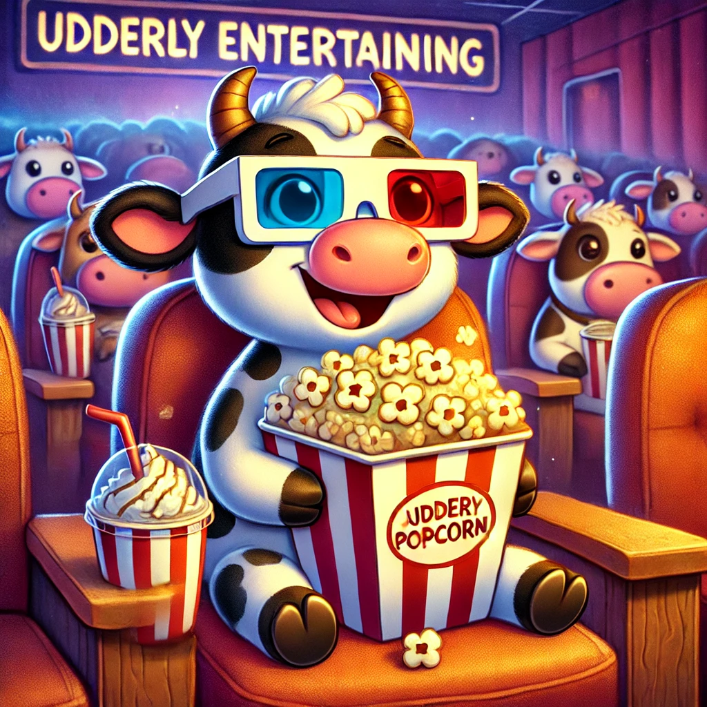 A cartoon cow sitting in a theater, happily munching popcorn, watching a movie with a playful expression.