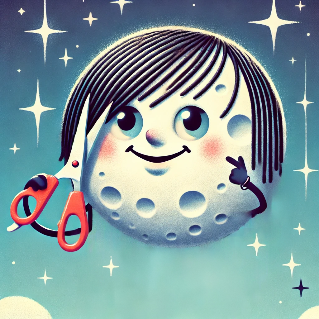 A cartoon moon with scissors, mid-haircut, smiling as it "eclipses" its hair.