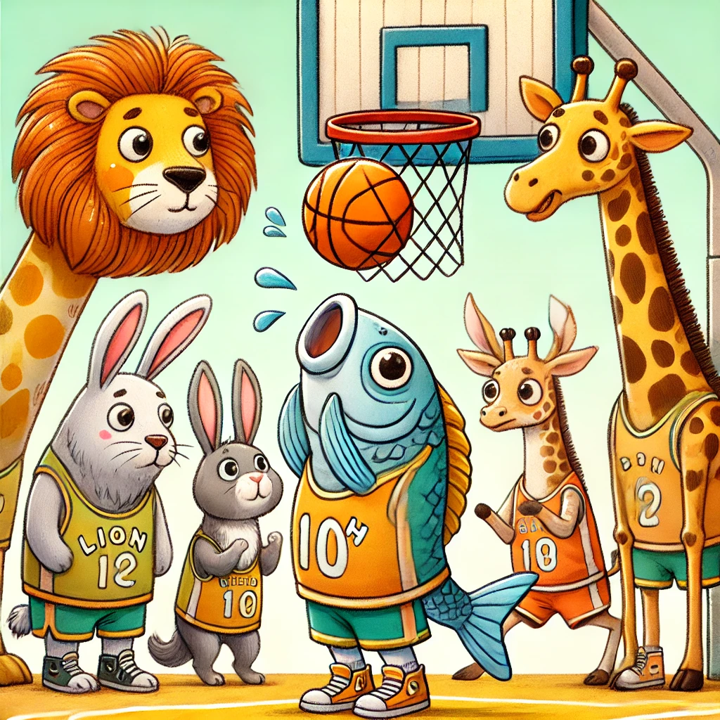 A cartoon fish on a basketball team, nervously trying to shoot the ball while cowering from the net. Other animals, like a lion and a bunny, cheer it on.