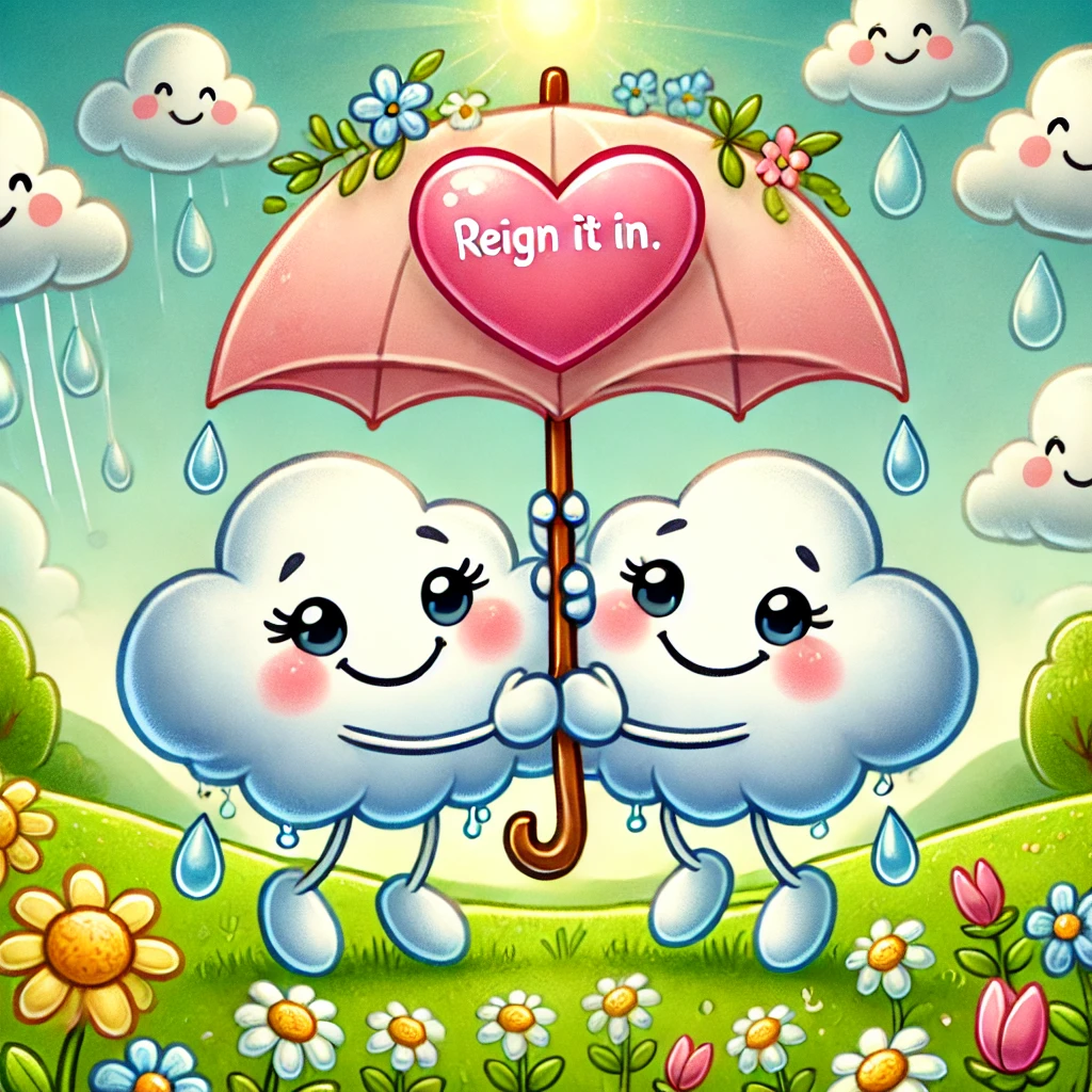 A cartoon of two clouds holding a heart-shaped umbrella, raining affection under a bright spring sky.