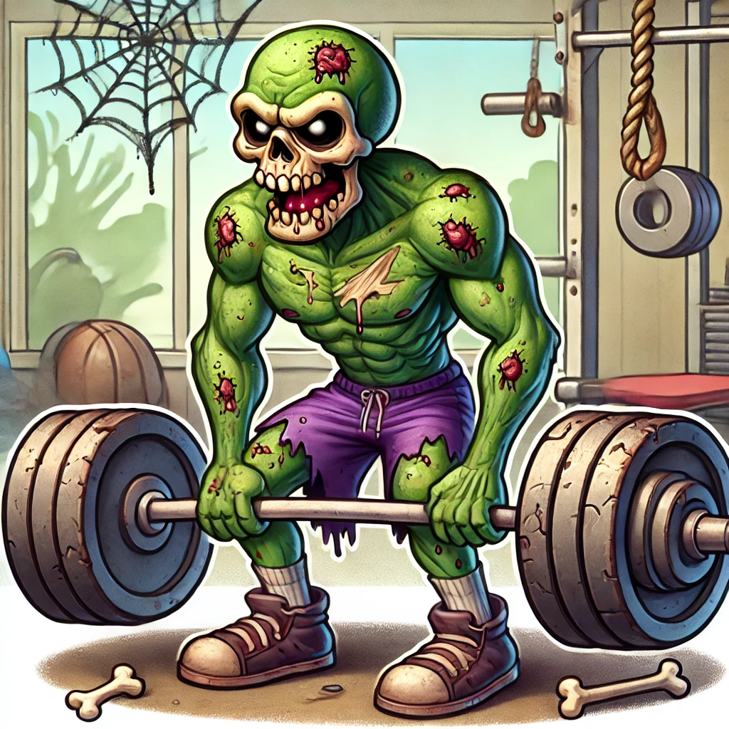 A cartoon zombie deadlifting heavy weights in a gym with Halloween-themed elements.