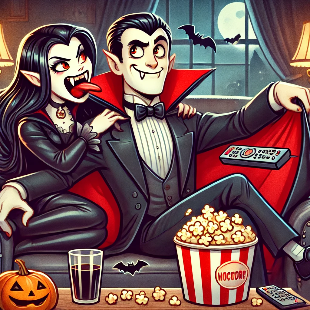 A cartoon Dracula-style vampire watching a movie on the couch with a female vampire affectionately biting his neck.