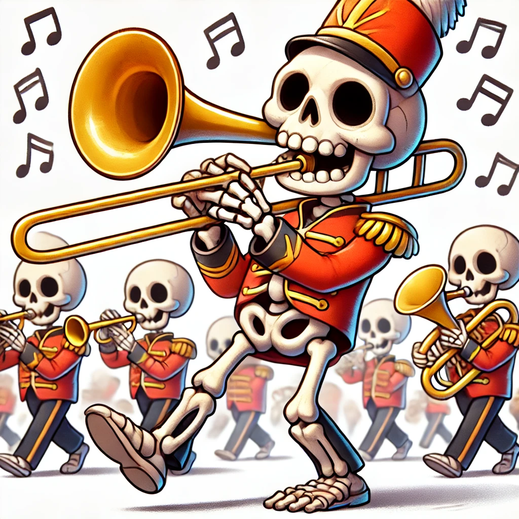 A cartoon skeleton marching with a trombone, dressed in a fun band uniform.