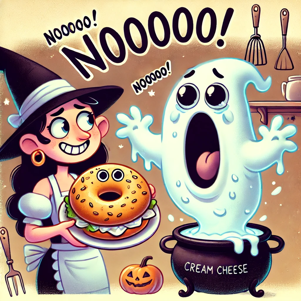 A cartoon witch holding a bagel with anthropomorphic cream cheese, screaming in fear.