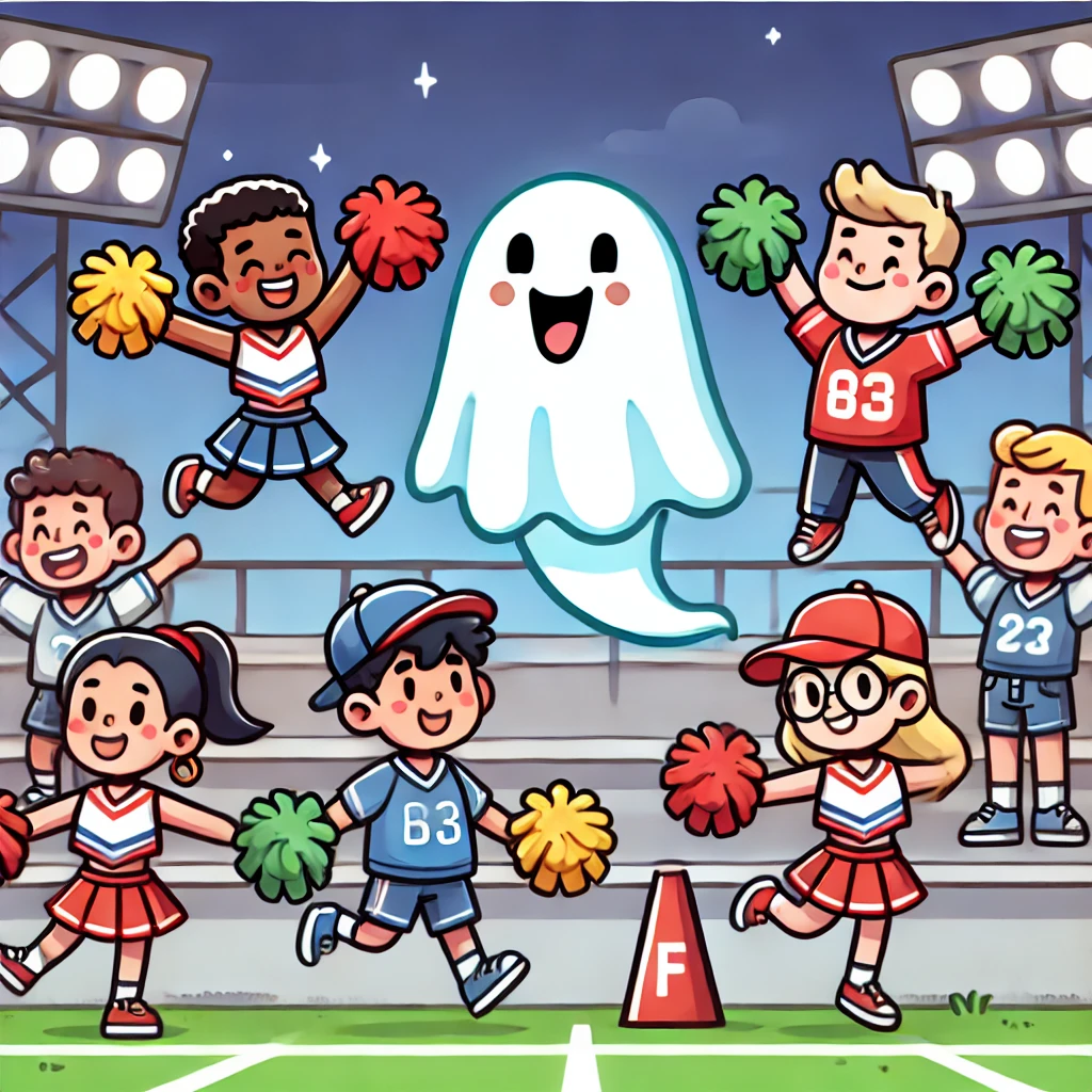 A cartoon of a ghost cheerleader floating with human cheerleaders, waving pom-poms at a high school game.