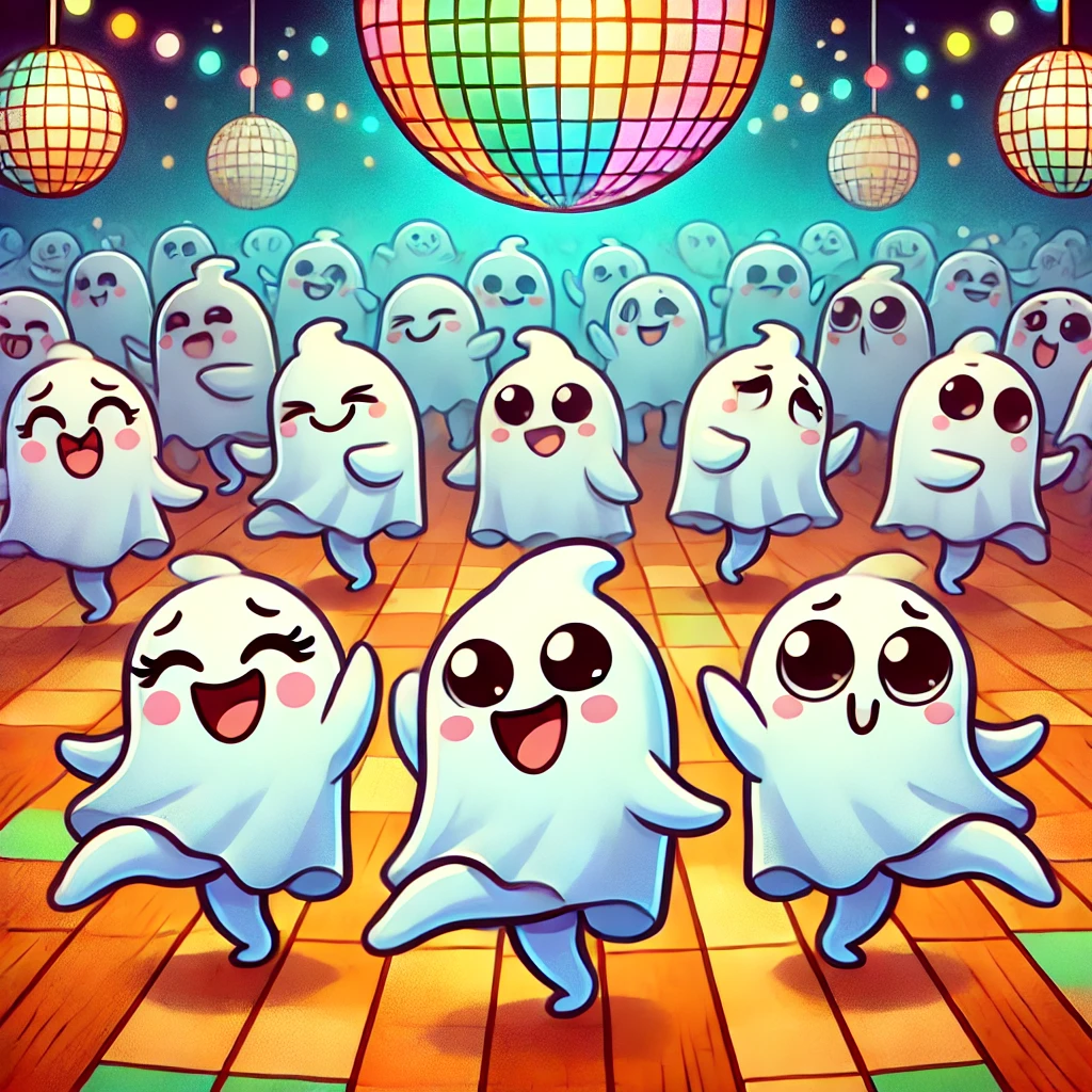 A cartoon of cute ghosts dancing on a colorful dance floor, under a disco ball.