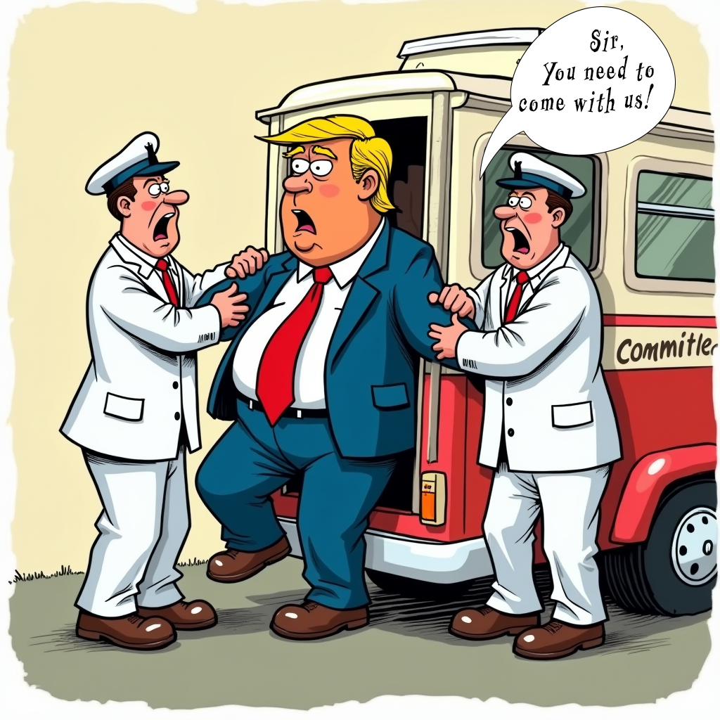 A Looney Tunes-style cartoon of Donald Trump being forced into a paddy wagon by men in white suits,