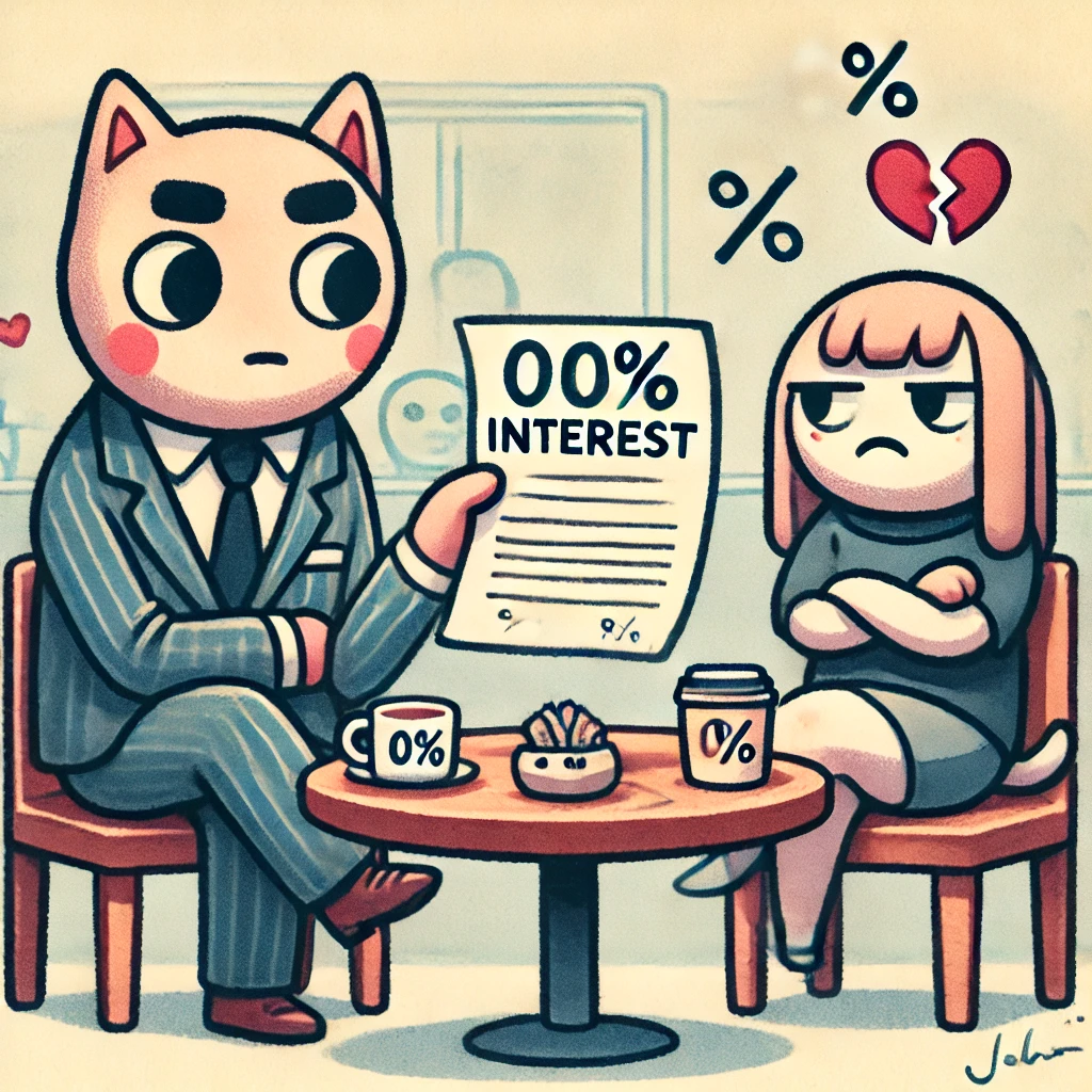 A cartoon banker holding a paper labeled "0% interest," looking disappointed at their indifferent partner.