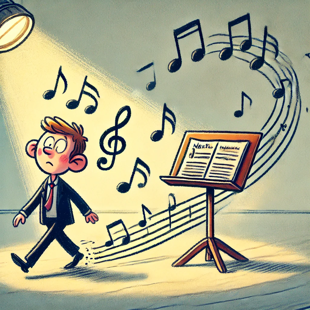 Cartoon of a confused musician walking away from a music stand with sheet music on it, leaving a trail of floating musical notes behind him. The musician looks distracted, as though he’s forgotten his music, with a spotlight illuminating the scene.