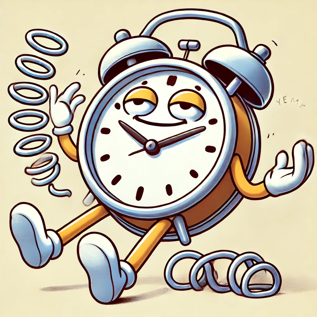 Cartoon of a relaxed clock unwinding with loose springs and floppy hands, celebrating Daylight Saving Time.