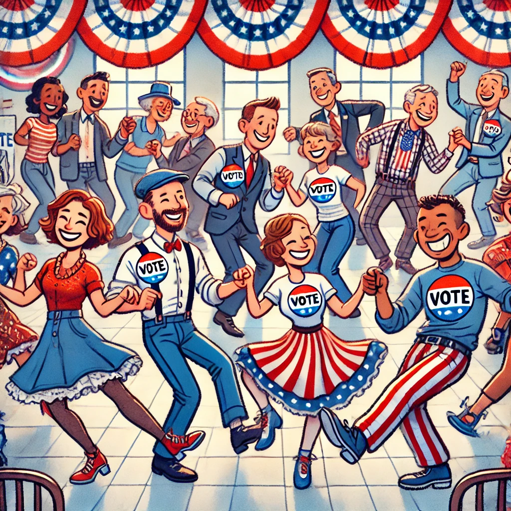 Cartoon of people dancing the polka in an election center decorated with red, white, and blue.