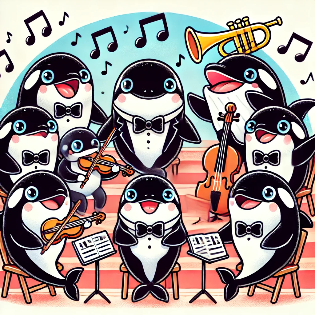 Cartoon of an adorable orchestra made up of orca whales. The orcas are dressed in bow ties and tuxedos, playing various musical instruments like violins, trumpets, and cellos. One orca is conducting with a baton, while others smile joyfully. Musical notes float in the air, and the whales appear to be performing on a stage with a cheerful, upbeat vibe.