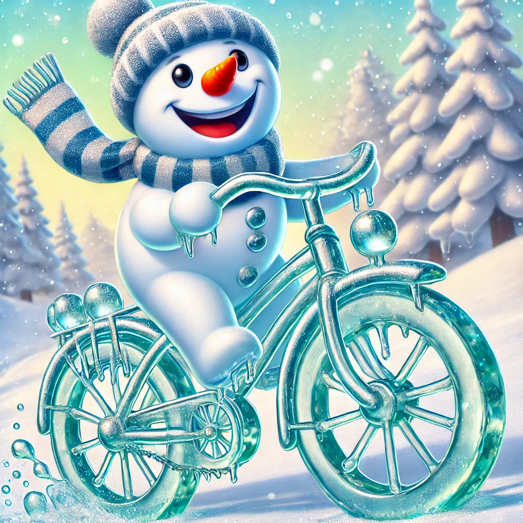 Cartoon of a smiling snowman riding a bicycle made of pure ice, with icicle-like spokes and a snowy winter landscape in the background.