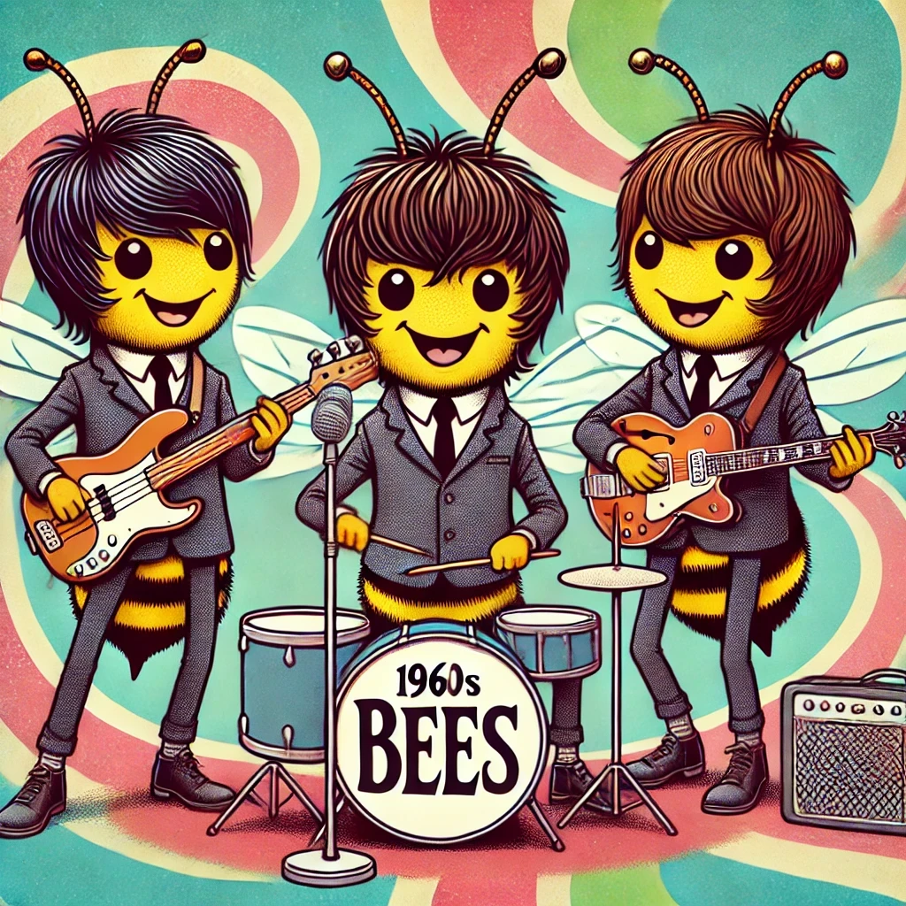 Cartoon of anthropomorphized bees dressed in 1960s rock band style, with shaggy mop-top hairstyles, playing guitar, drums, and singing into a microphone against a colorful psychedelic background.