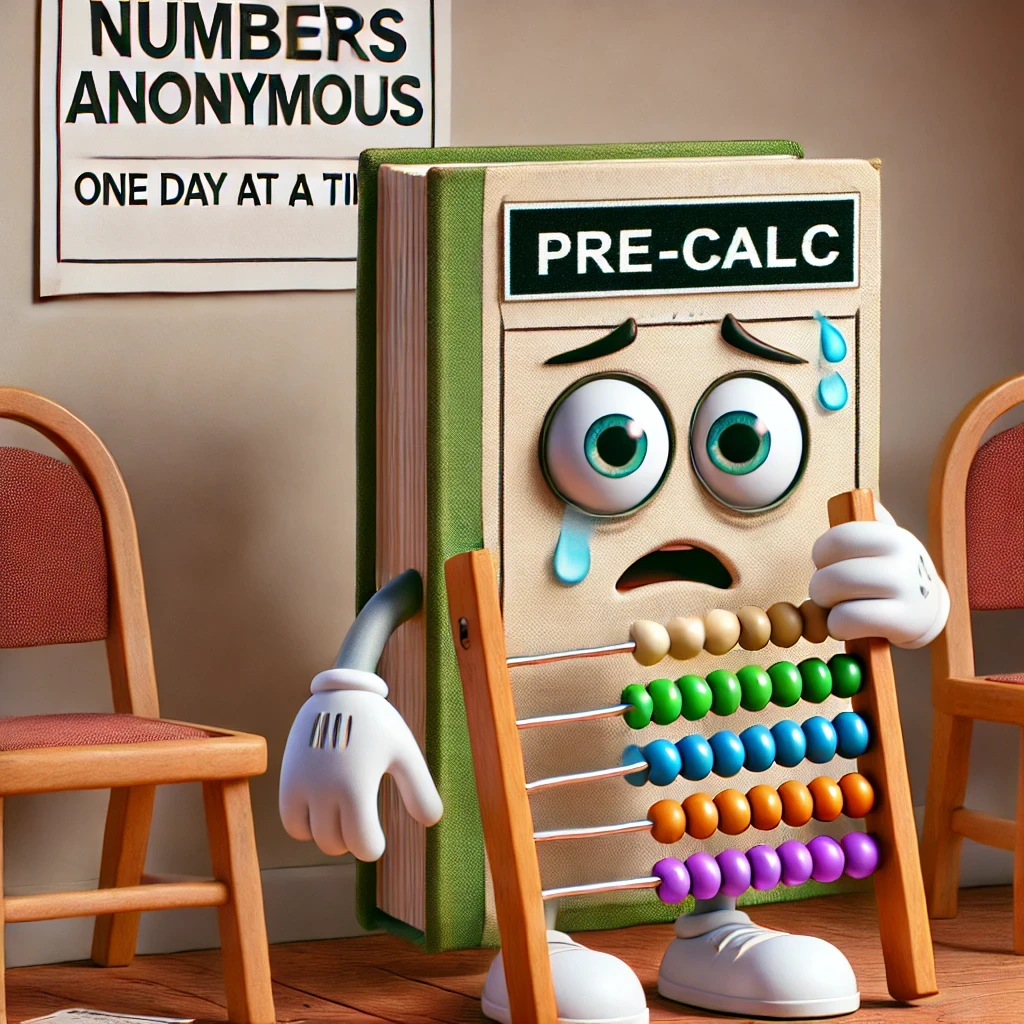 Cartoon of an anthropomorphic math book titled “Pre-Calc,” nervously clutching an abacus at a support group meeting, next to a sign reading “Numbers Anonymous: One Day at a Time.”