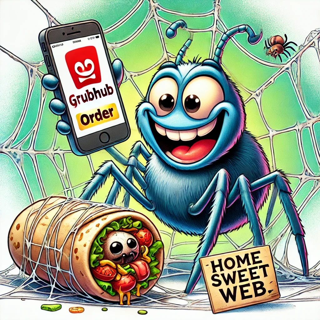 Cartoon of a happy spider holding a phone with a Grubhub order, next to a wrapped burrito meal in its web, with a sign that reads “Home Sweet Web.”