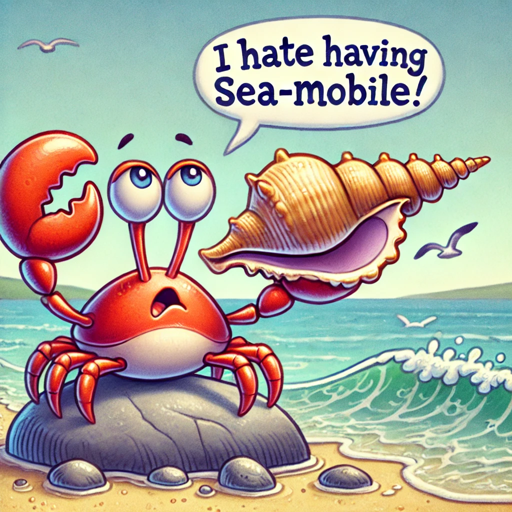 Cartoon of a crab standing on a rock, holding a shell-phone high in the air with a speech bubble saying, “I hate having Sea-Mobile!” The background shows waves and a sunny beach.